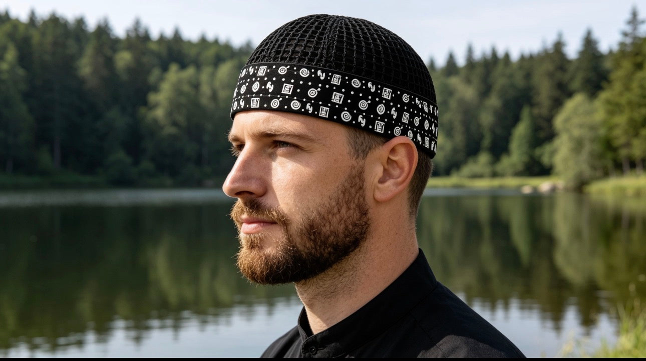 Islamic Kufi – Black Mesh with Symbolic White Print