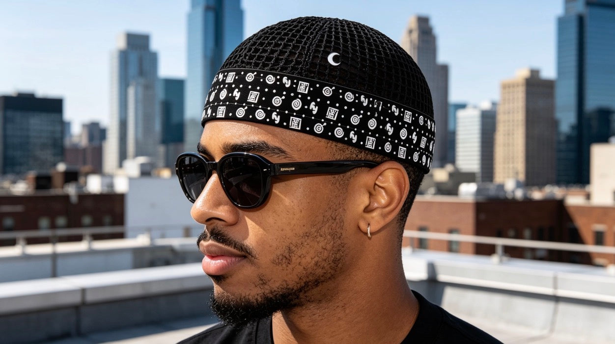 Islamic Kufi – Black Mesh with Symbolic White Print