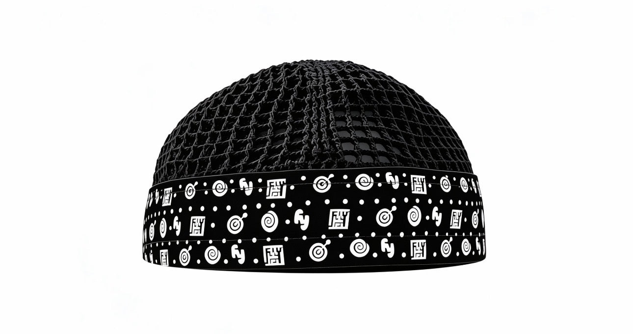 Islamic Kufi – Black Mesh with Symbolic White Print