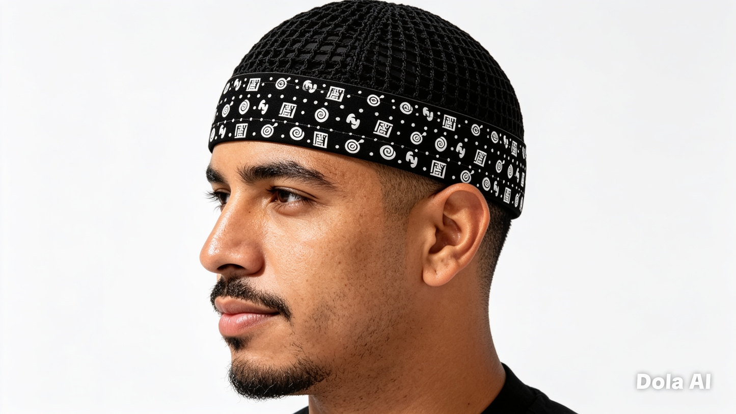 Islamic Kufi – Black Mesh with Symbolic White Print