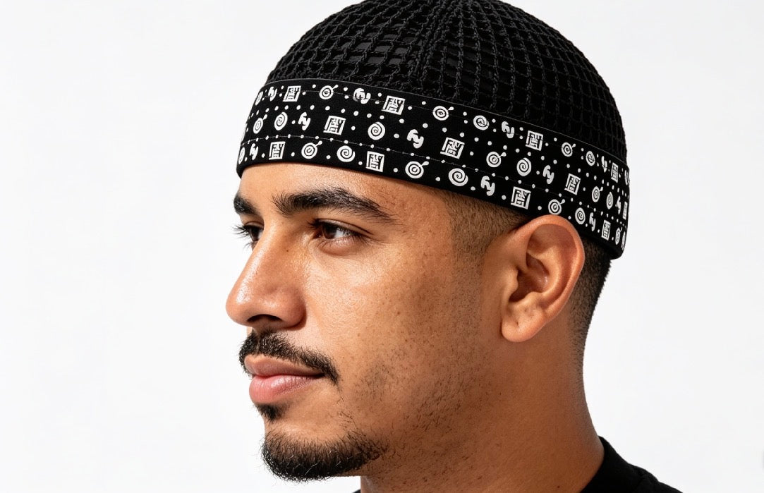 Islamic Kufi – Black Mesh with Symbolic White Print
