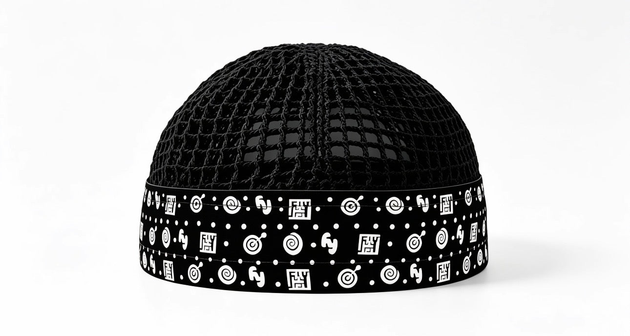 Islamic Kufi – Black Mesh with Symbolic White Print