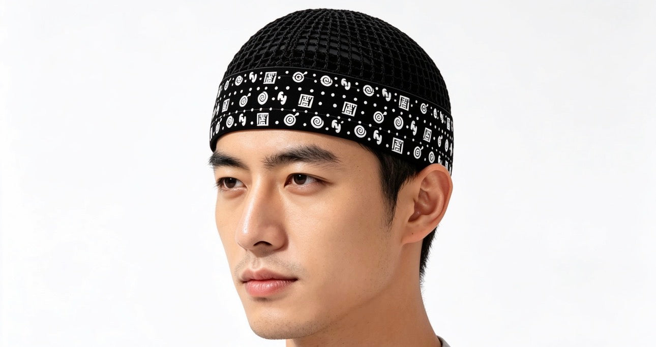 Islamic Kufi – Black Mesh with Symbolic White Print